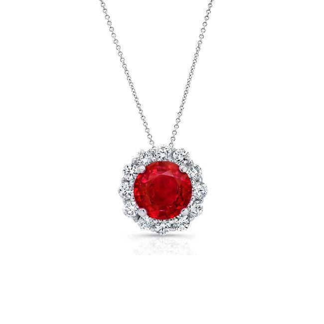 64290 Red Ruby & Diamonds 4.75 CT Pendant Necklace, 14K White Gold
