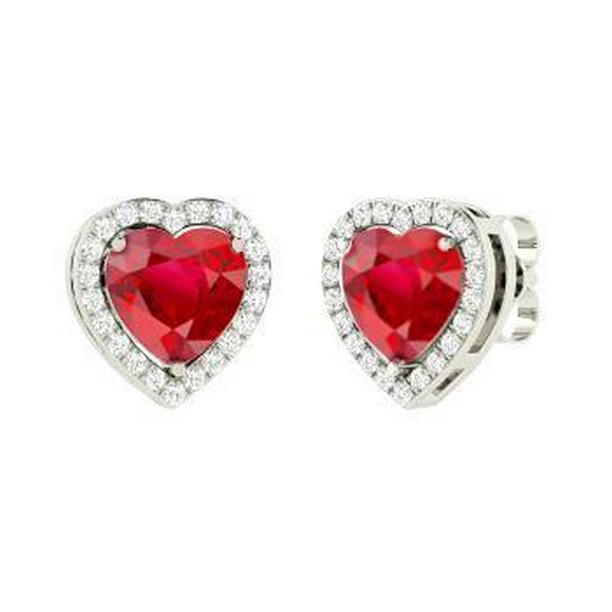 4.80 CT Heart Shape Ruby with Round Diamonds Stud Earrings, 14K Gold