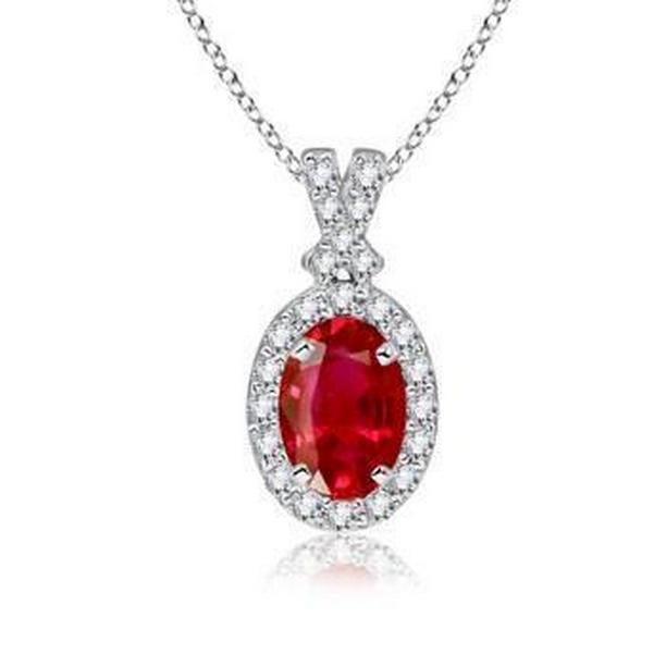 64302 3.30 CT Womens Oval Cut Red Ruby with Diamond Pendant, White Gold