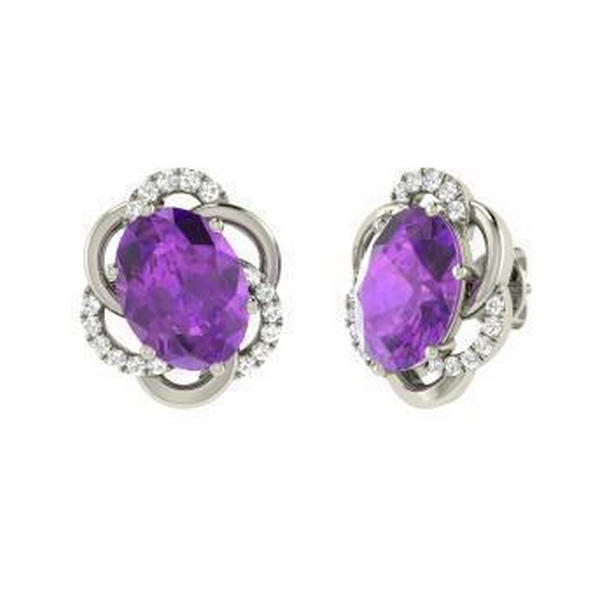 10.50 CT Amethyst with Diamonds Stud Earrings, 14K White Gold