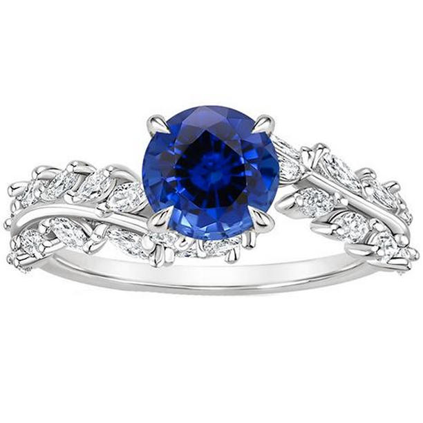 Picture of Harry Chad Enterprises 65780 3 CT Natural Blue Sapphire & Marquise Split Shank Diamond Ring&#44; Size 6.5
