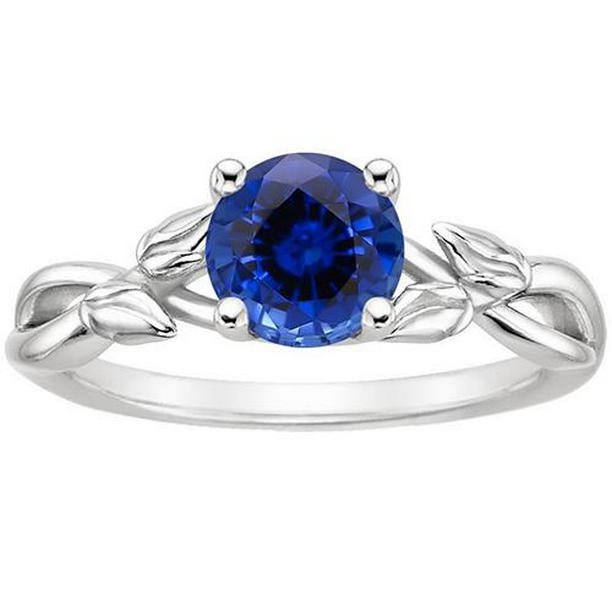 65781 2 CT Natural Blue Sapphire Split Shank Leaf Style Solitaire Ring, Size 6.5
