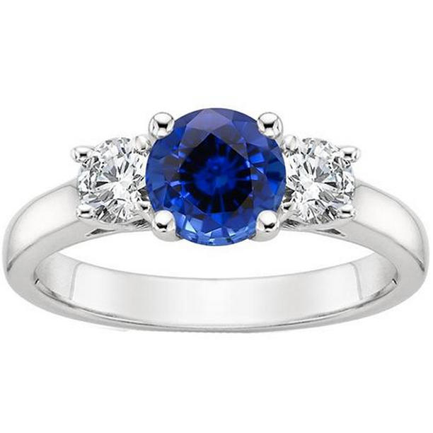 65783 3 CT Three Stone Gold Round Ceylon Sapphire & Diamonds Ring, Size 6.5