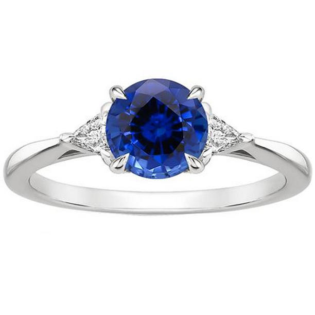 65786 2.50 CT 3 Stone Gold Round Blue Sapphire & Trillion Diamonds Ring, Size 6.5