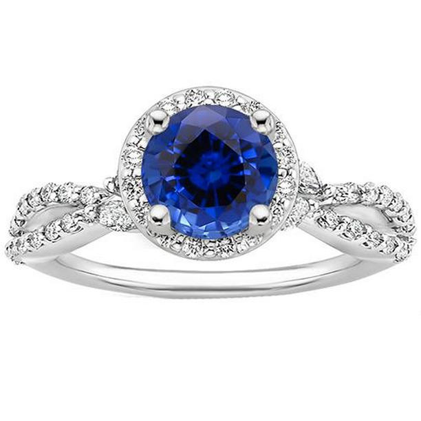 65792 3 CT Diamond Halo Jewelry Deep Blue Sapphire Split Shank Prong Set, Size 6.5