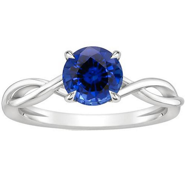 65795 2 CT Solitaire Blue Sapphire Twisted Shank White Gold Gemstone Ring, Size 6.5