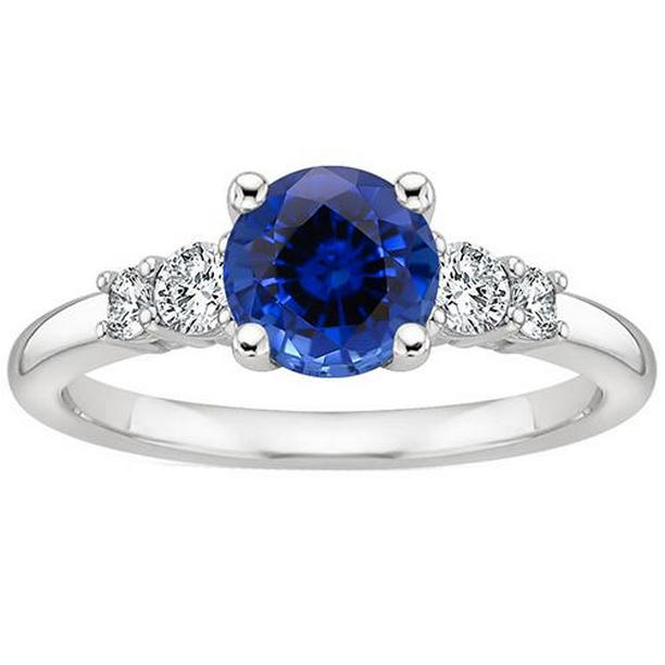 2.50 CT Ladies Diamond Round Ceylon Sapphire Five Stone Ring, Size 6.5