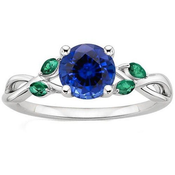 3 CT Ladies Natural Blue Sapphire & Green Emeralds Gemstone Ring, Size 6.5