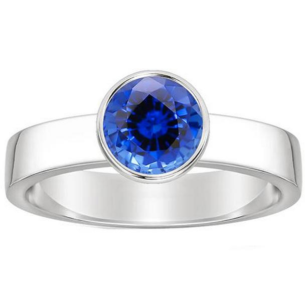 Womens Bezel Set Round Blue Sapphire 2 CT Thick Shank Solitaire Ring, Size 6.5
