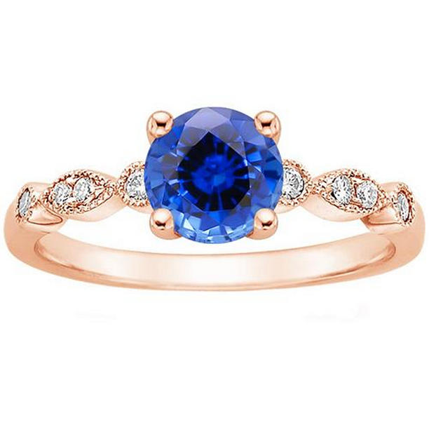 Picture of Harry Chad Enterprises 65815 Rose Gold 2.50 CT Vintage Style Round Blue Sapphire Diamond Ring&#44; Size 6.5