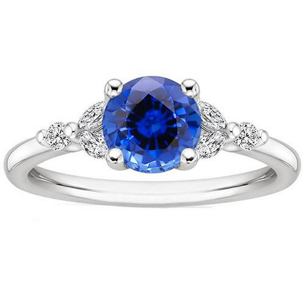 3 CT Ladies Blue Sapphire Marquise & Round Diamonds Gemstone Ring, Size 6.5