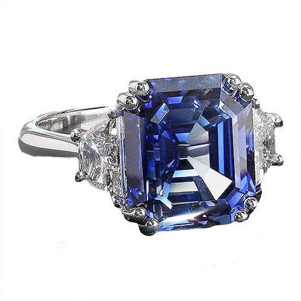 Picture of Harry Chad Enterprises 65833 5 CT 3 Stone Trapezoid Diamonds with Asscher Blue Sapphire Ring&#44; Size 6.5