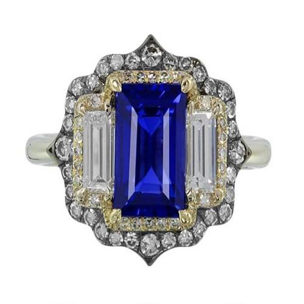 Picture of Harry Chad Enterprises 65836 6.75 CT Yellow & White Gold Emerald Cut Blue Sapphire Diamond Ring&#44; Size 6.5