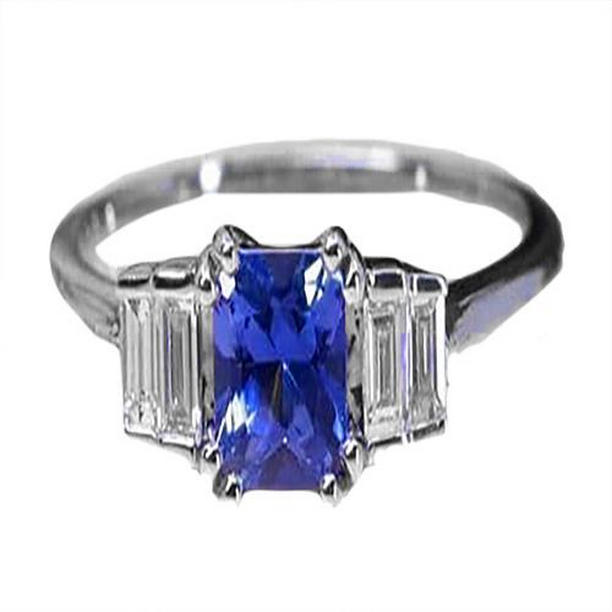 65837 3 CT Radiant Cut Ceylon Sapphire & Baguette Diamonds Gemstone Ring, Size 6.5
