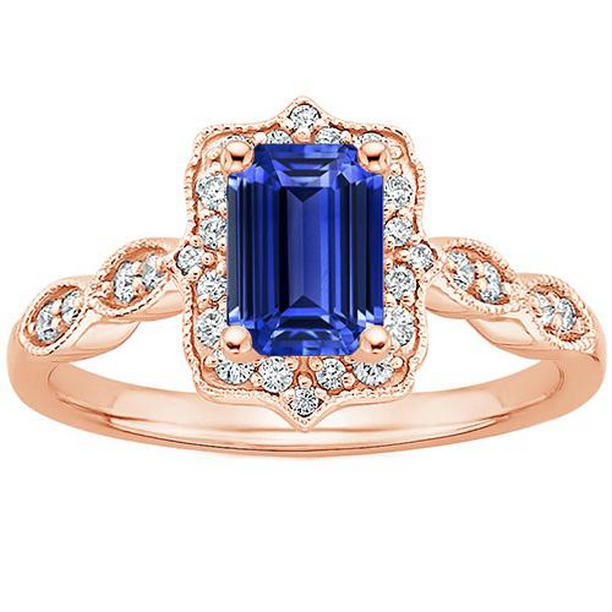 66316 4 CT 14K Rose Gold Emerald Blue Sapphire & Diamond Halo Ring, Size 6.5