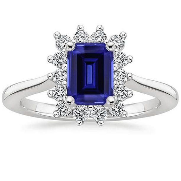 66327 4.50 CT Flower Style Emerald Ceylon Sapphire & Diamond Halo Ring, Size 6.5