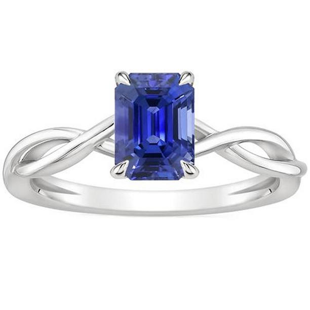 66334 3 CT Infinity Style Emerald Blue Sapphire Solitaire Ring, Size 6.5