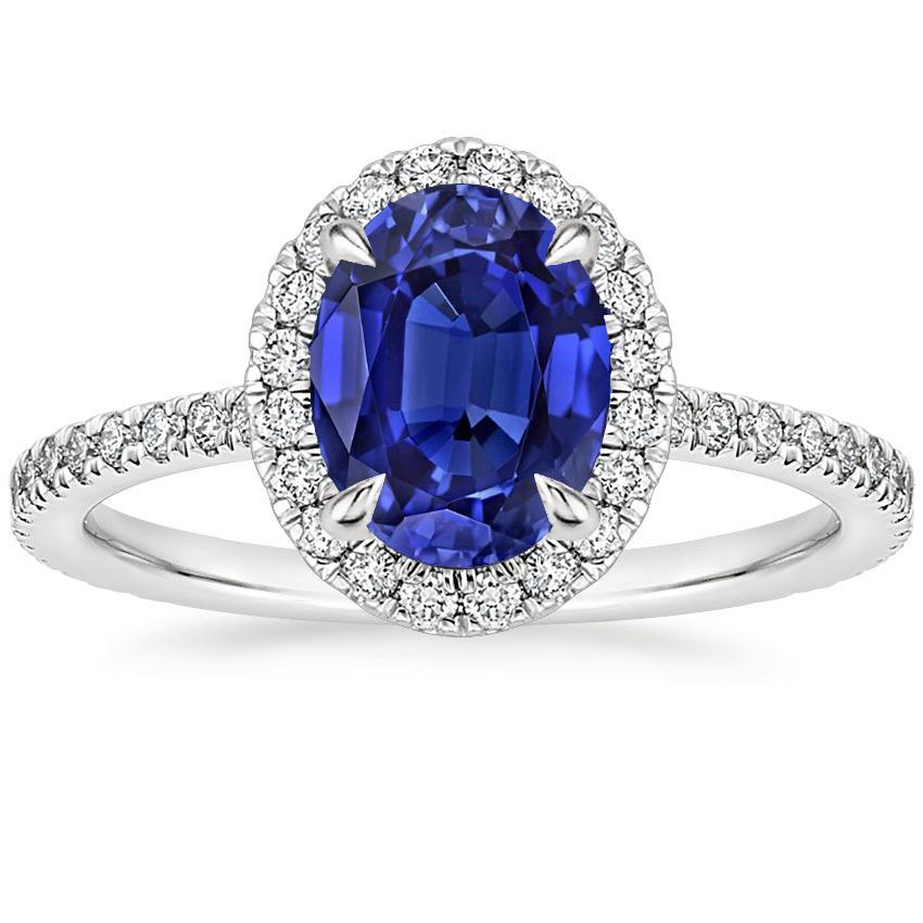 66774 Halo Diamond Oval Blue Sapphire Ring 4 CT Prong Set, 14K White Gold - Size 6.5