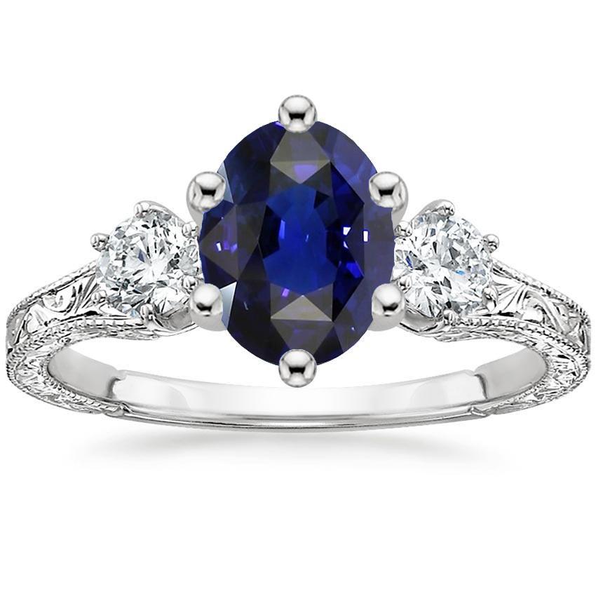 66787 2.50 CT Antique Style Blue Sapphire 3 Stone Ring & Diamonds, Size 6.5
