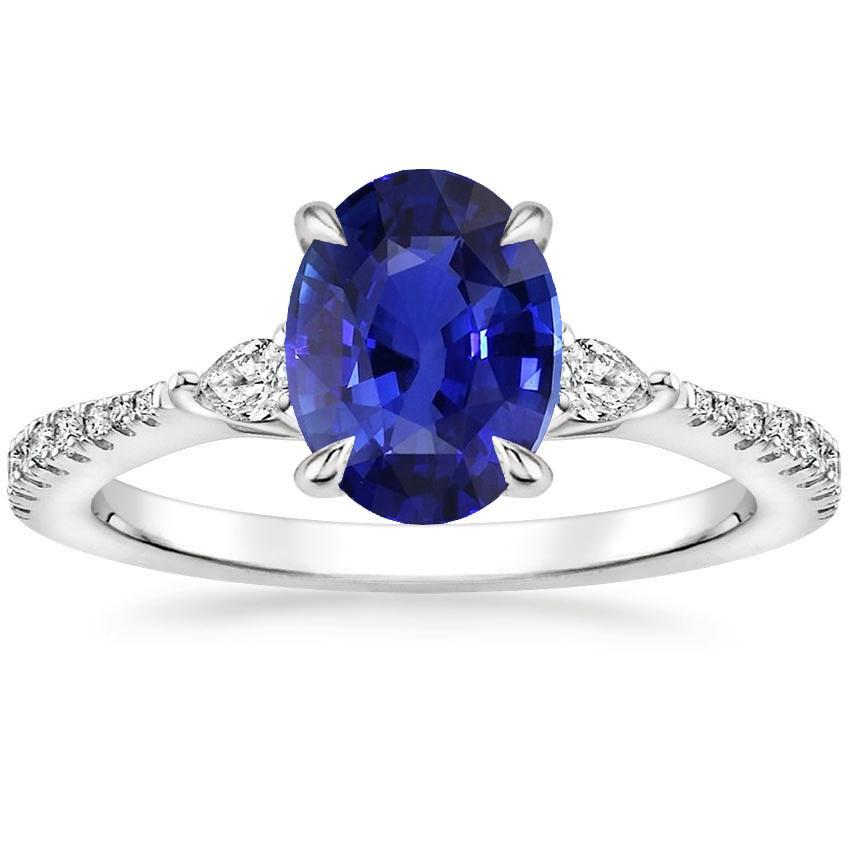 66788 3 CT Solitaire Blue Sapphire with Pear & Round Diamond Accent Ring, Size 6.5
