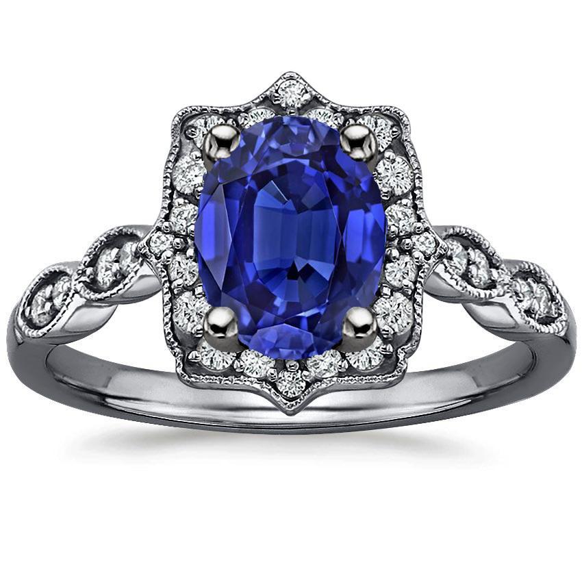 4 CT Halo White Gold Antique Style Blue Sapphire & Diamonds Ring, Size 6.5