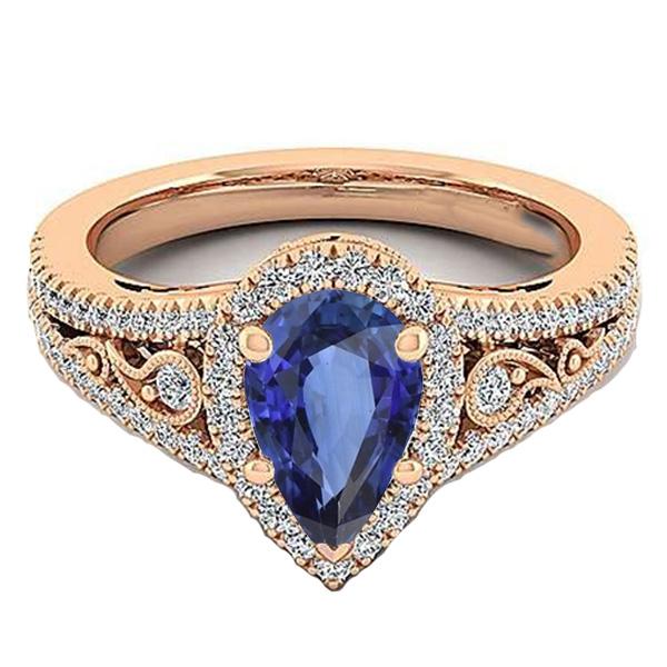 66799 5 CT Halo Gemstone Pear Sri Lankan Sapphire & Diamond Wedding Ring, Size 6.5