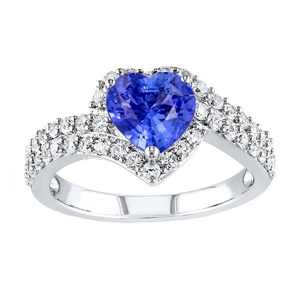 67246 4 CT Halo Heart Light Blue Double Shank Diamonds Sapphire Ring, Size 6.5