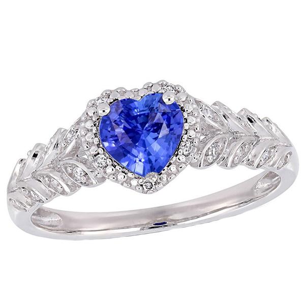 67253 2.50 CT White Gold Halo Heart Blue Leaf Style Sapphire Ring, Size 6.5