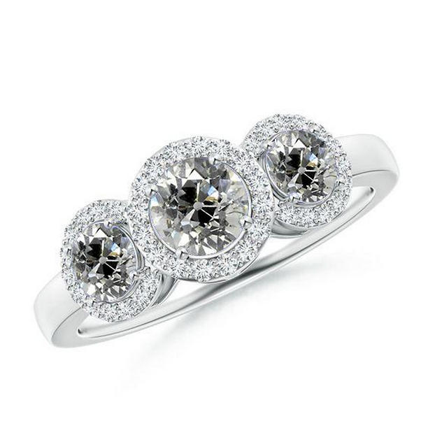 67261 2.90 CT Three Stone Halo Round Old Miner Diamonds Anniversary Ring, Size 6.5