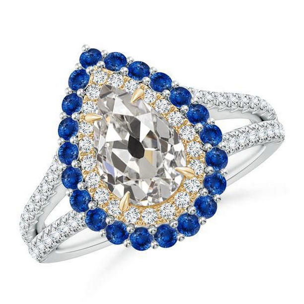 Picture of Harry Chad Enterprises 67267 5 CT Two Tone Halo Pear Old Cut with Blue Sapphires Diamond Ring&#44; Size 6.5