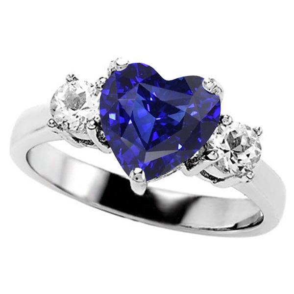 67277 2.50 CT Three Stone Heart Blue Sapphire Ring & Round Diamonds, Size 6.5