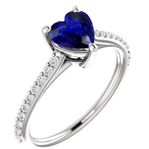 67282 2.50 CT Solitaire Heart Ceylon Sapphire Ring & Pave Set Diamonds, Size 6.5