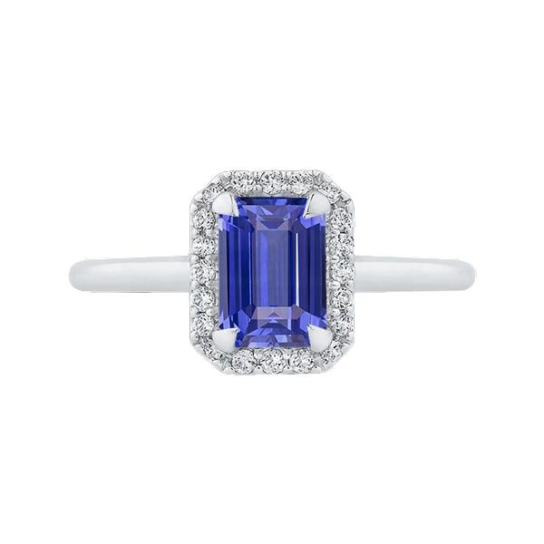 67285 3 CT Diamond Halo Emerald Blue Sapphire Ring, 14K White Gold - Size 6.5