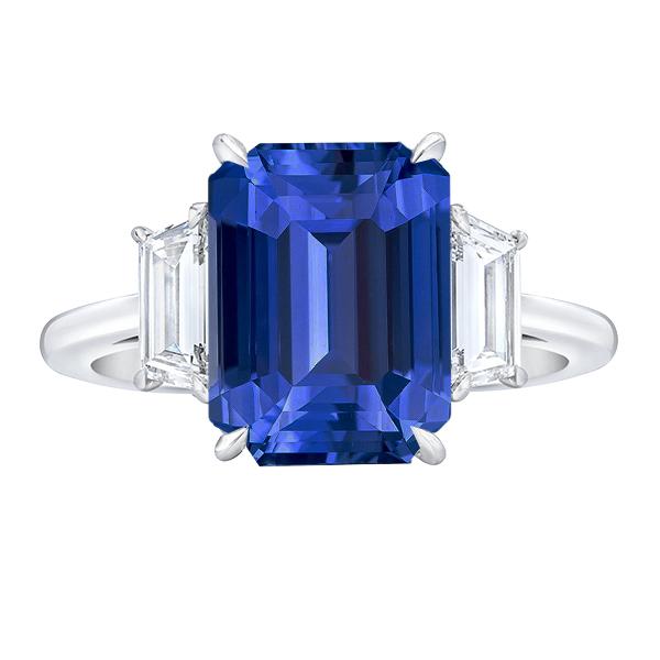 67286 3.50 CT 3 Stone Emerald Blue Sapphire Ring with Trapezoid Diamonds, Size 6.5