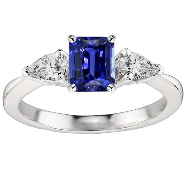 67287 2.50 CT Diamond Three Stone Radiant Shaped Deep Blue Sapphire Ring, Size 6.5