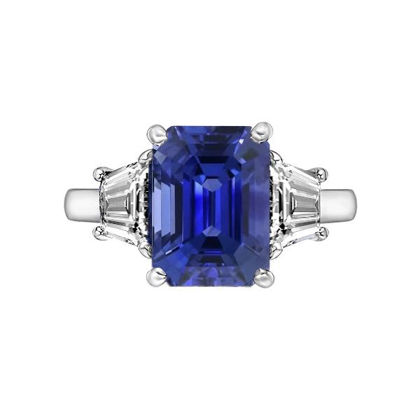 67288 4 CT Gold 3 Stone Emerald Blue Sapphire & Trapezoid Diamonds Ring, Size 6.5