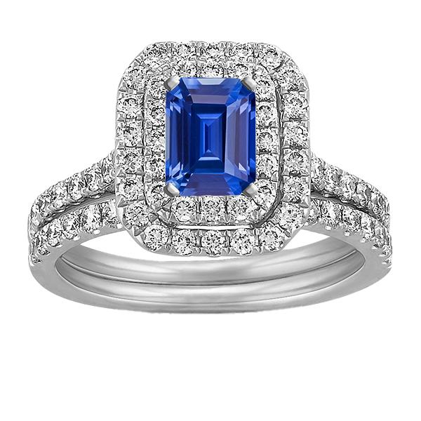 67290 5 CT Diamond Double Halo Emerald Blue Sapphire Wedding Ring Set, Size 6.5