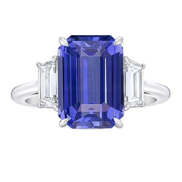 67291 3.50 CT 3 Stone Blue Emerald & Trapezoid Diamonds Sapphire Ring, Size 6.5