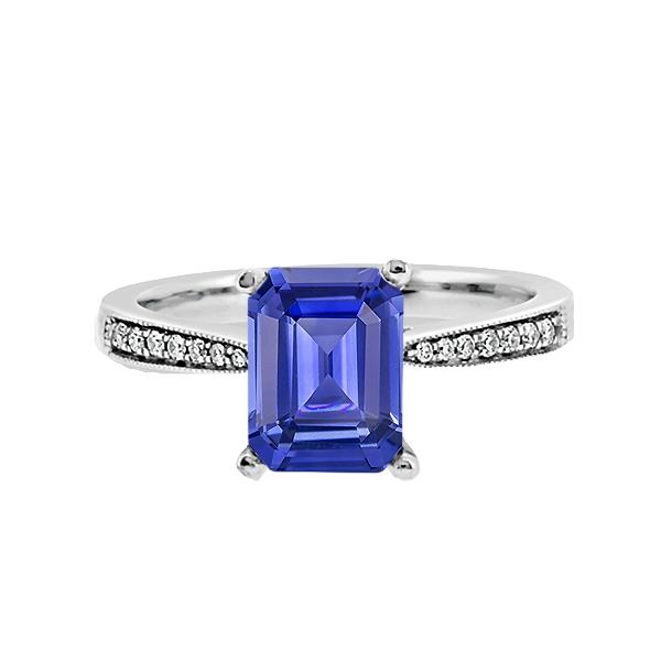 67292 2.50 CT Solitaire Emerald Blue Sapphire Ring with Diamond Accents, Size 6.5