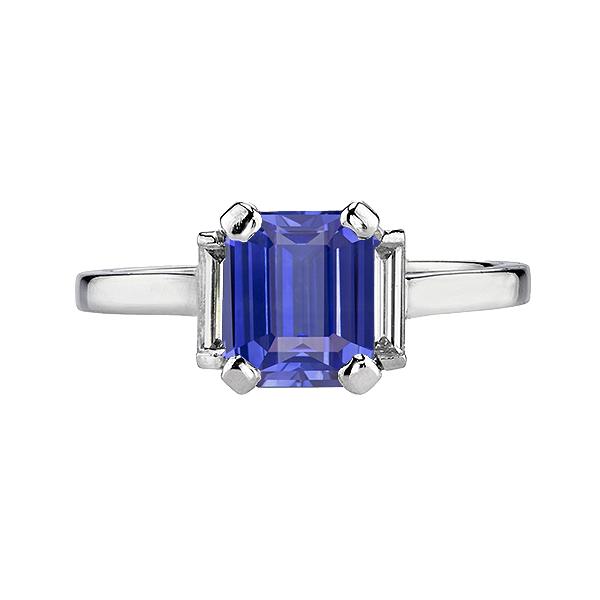 67304 2.50 CT Ceylon Sapphire 3 Stone Emerald Shaped & Baguette Ring, Size 6.5