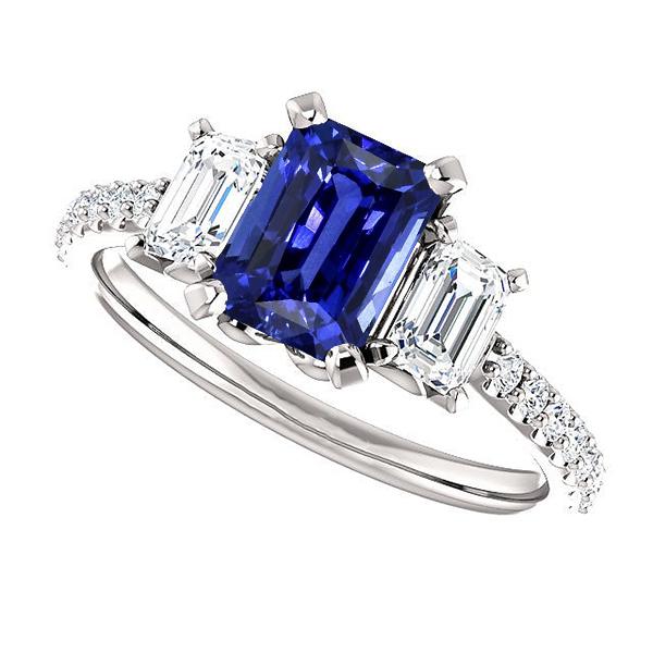 67307 4 CT Gemstone Radiant Blue 3 Stone Style & Diamonds Sapphire Ring, Size 6.5