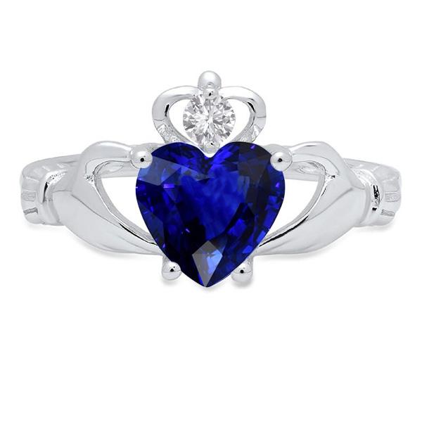 67746 2.25 CT Blue Sapphire & Heart Shaped Diamond Ring, 14K White Gold - Size 6.5