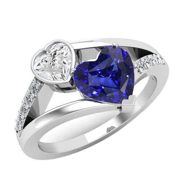 67754 3.25 CT Heart Diamond Bezel Set Blue Split Shank Sapphire Ring, Size 6.5