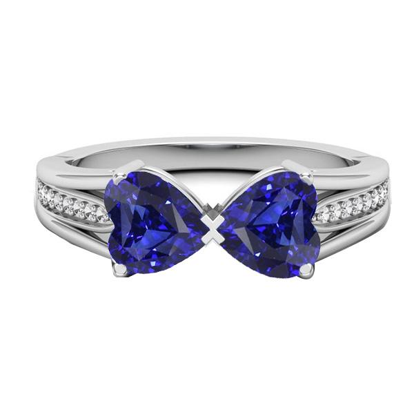 67758 3.50 CT Diamond Heart 2 Stone Blue Sapphire Ring, 14K Gold - Size 6.5