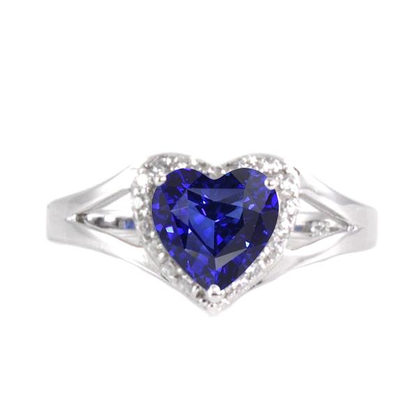 67771 Halo Heart Blue Split Shank 2 CT White Gold Sapphire Ring, Size 6.5
