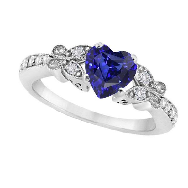 Diamond Heart Shaped Blue 2.50 CT Butterfly Style Sapphire Ring, Size 6.5