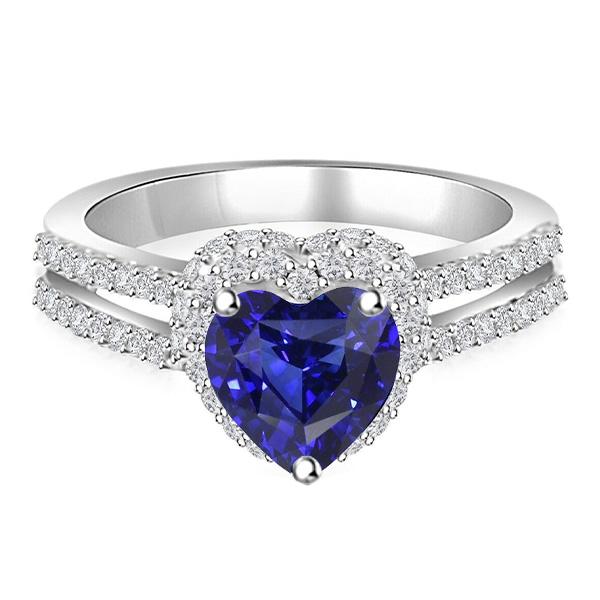 67779 3.50 CT Diamond Halo Heart Cut Double Shank Sapphire Ring, Size 6.5