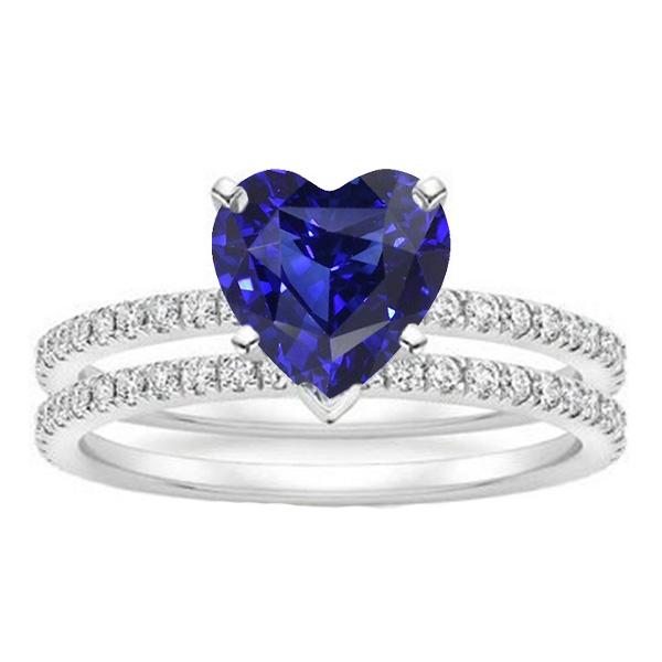 67789 3.50 CT Diamond Heart Blue Sapphire Wedding Ring Set, Size 6.5