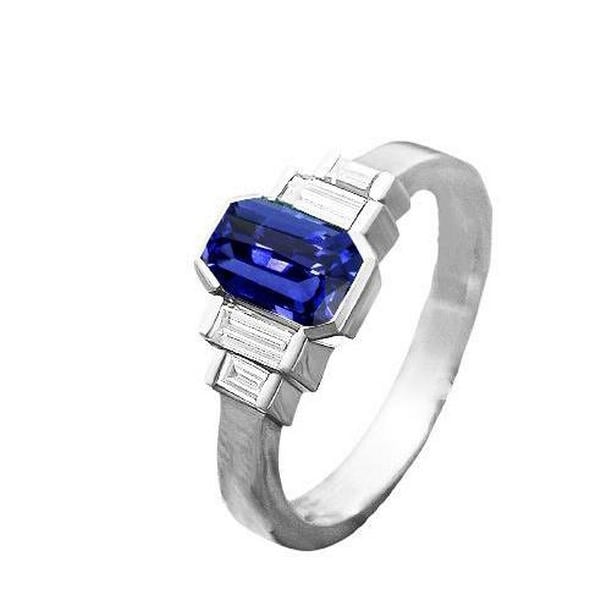 67794 2 CT Baguette Diamond & Radiant Cut Blue Sapphire Ring Bar Set, Size 6.5