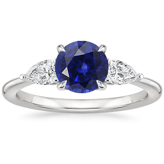 3 CT Pear Diamond 3 Stone Round Cut Blue Sapphire Ring, Size 6.5